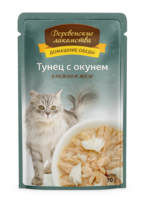 Деревенские лакомства Домашние обеды Пауч для кошек Тунец с окунем в нежном желе 70 г