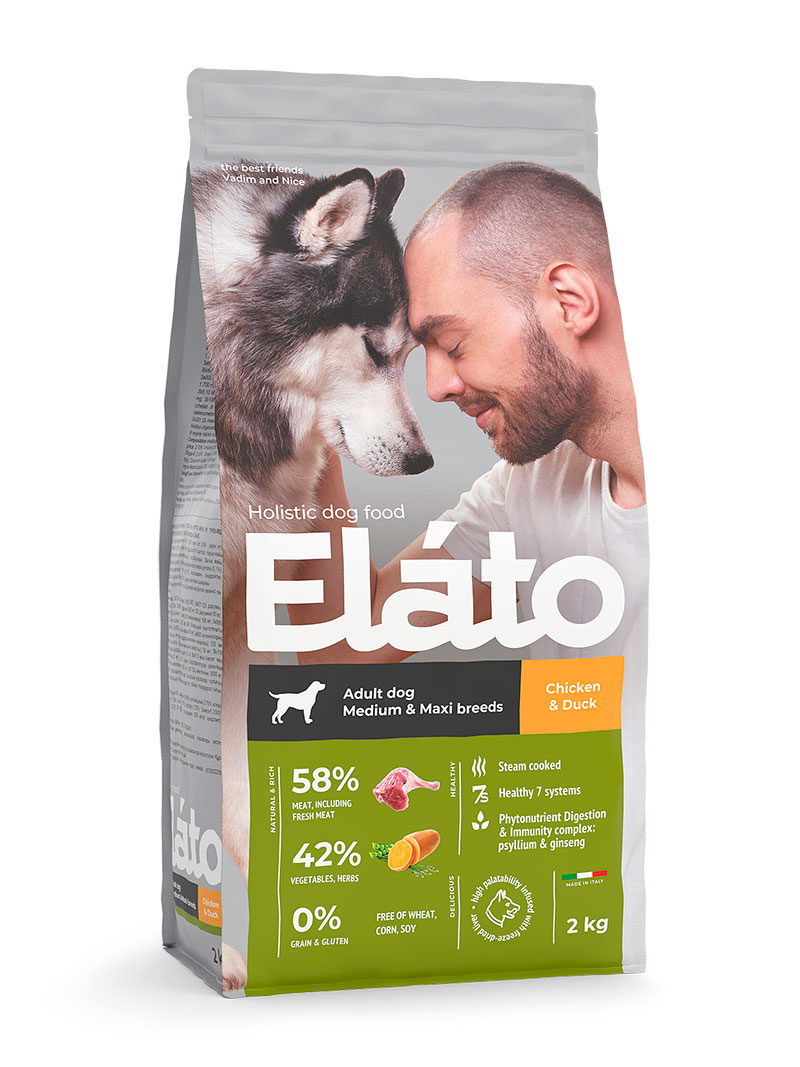 Сухой корм для взрослых собак средних и крупных пород Elato Holistic с курицей и уткой, 2 кг