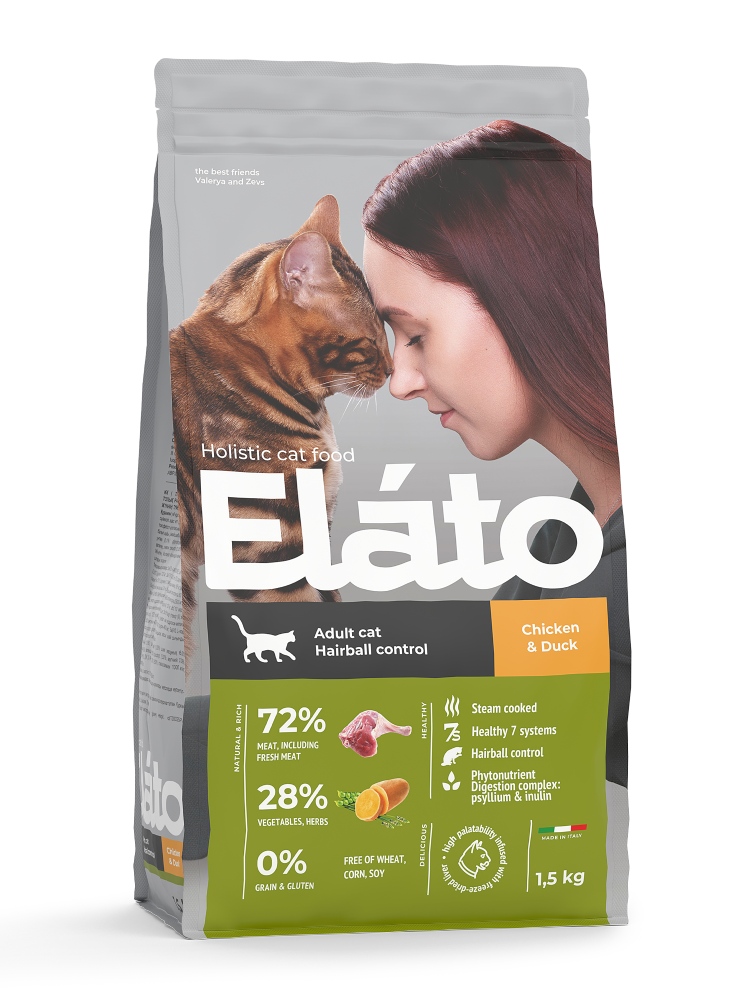 Сухой корм для взрослых кошек Elato Holistic с курицей и уткой для выведения шерсти, 1,5 кг