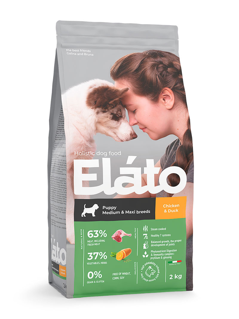 Сухой корм для щенков средних и крупных пород Elato Holistic с курицей и уткой, 2 кг
