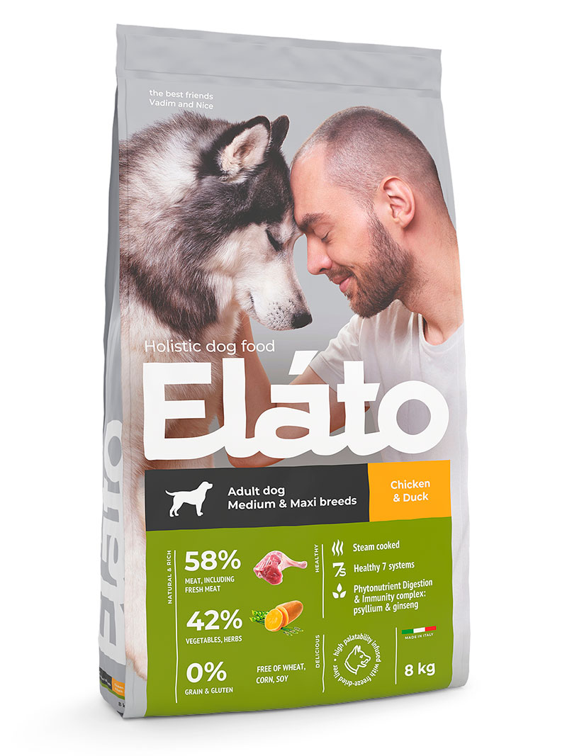 Сухой корм для взрослых собак средних и крупных пород Elato Holisticс курицей и уткой, 8 кг