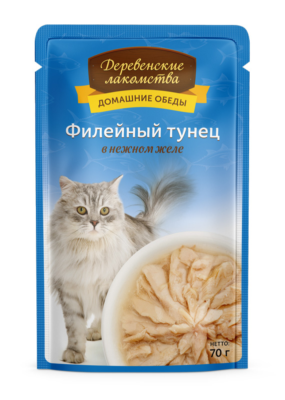 Деревенские лакомства Домашние обеды Пауч для кошек Филейный тунец в нежном желе 70 г