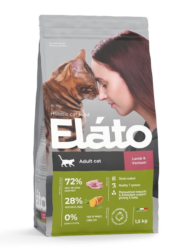 Сухой корм для взрослых кошек Elato Holistic с ягненком и олениной, 1,5 кг