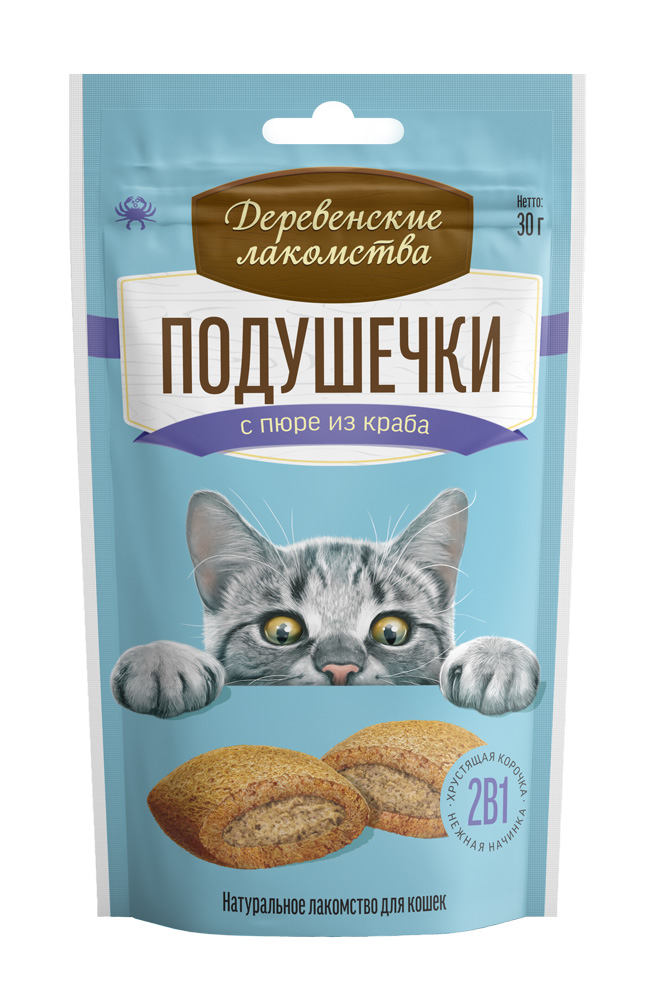 Деревенские лакомства Лакомство для кошек Подушечки с пюре из краба 30 г