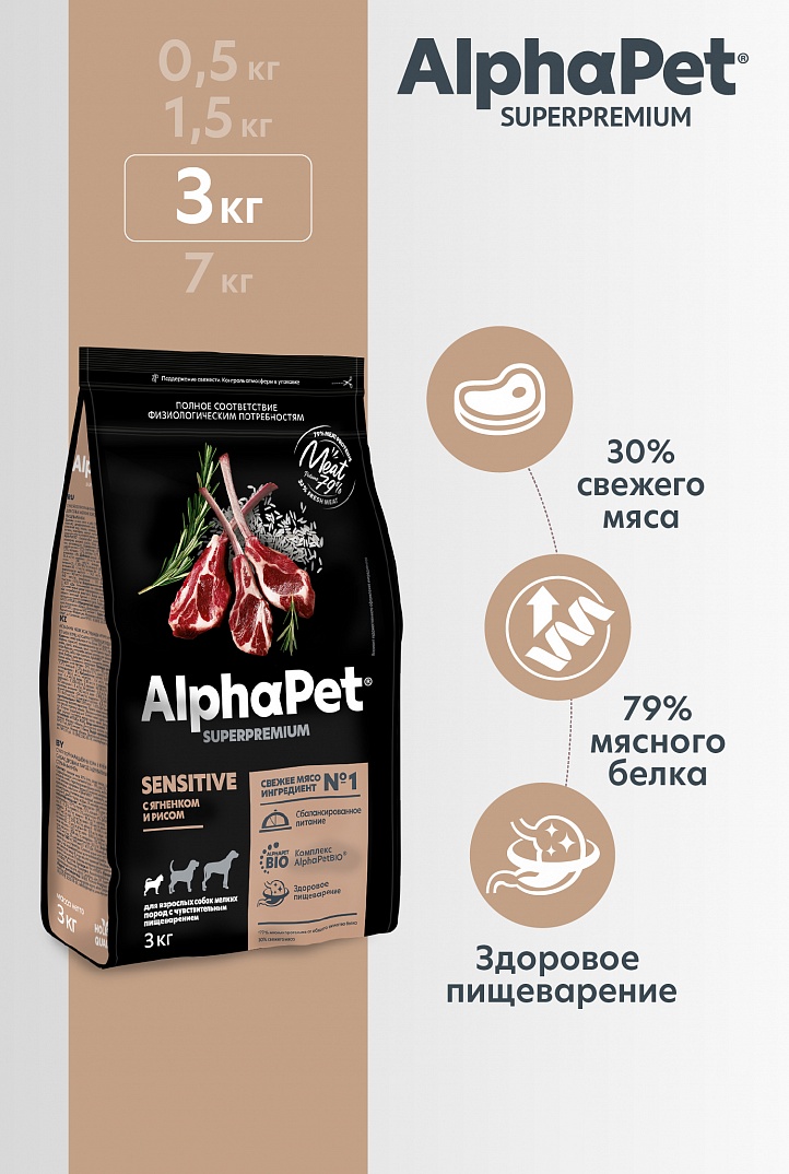 Сухой корм AlphaPet Superpremium для взрослых собак мелких пород с чувствительным пищеварением с Ягненком и рисом 3 кг