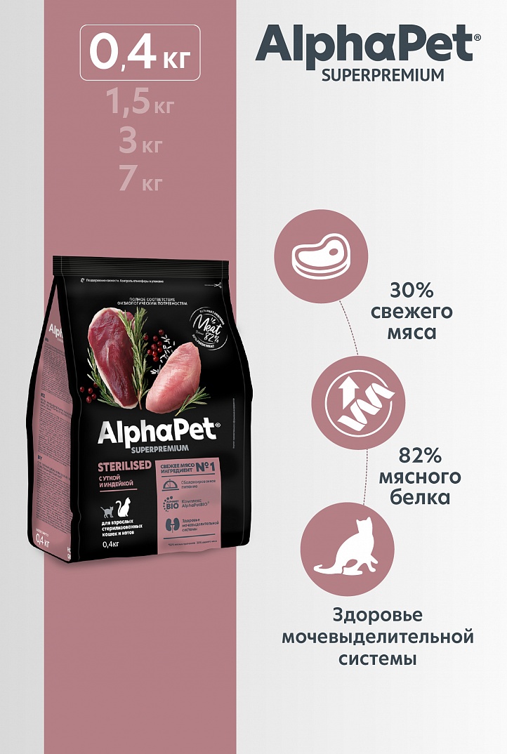Сухой полнорационный корм AlphaPet Superpremium для взрослых стерилизованных кошек и котов с Уткой и Индейкой 400 г