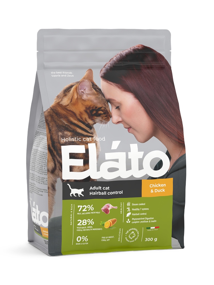 Сухой корм для взрослых кошек Elato Holistic с курицей и уткой для выведения шерсти, 300 г