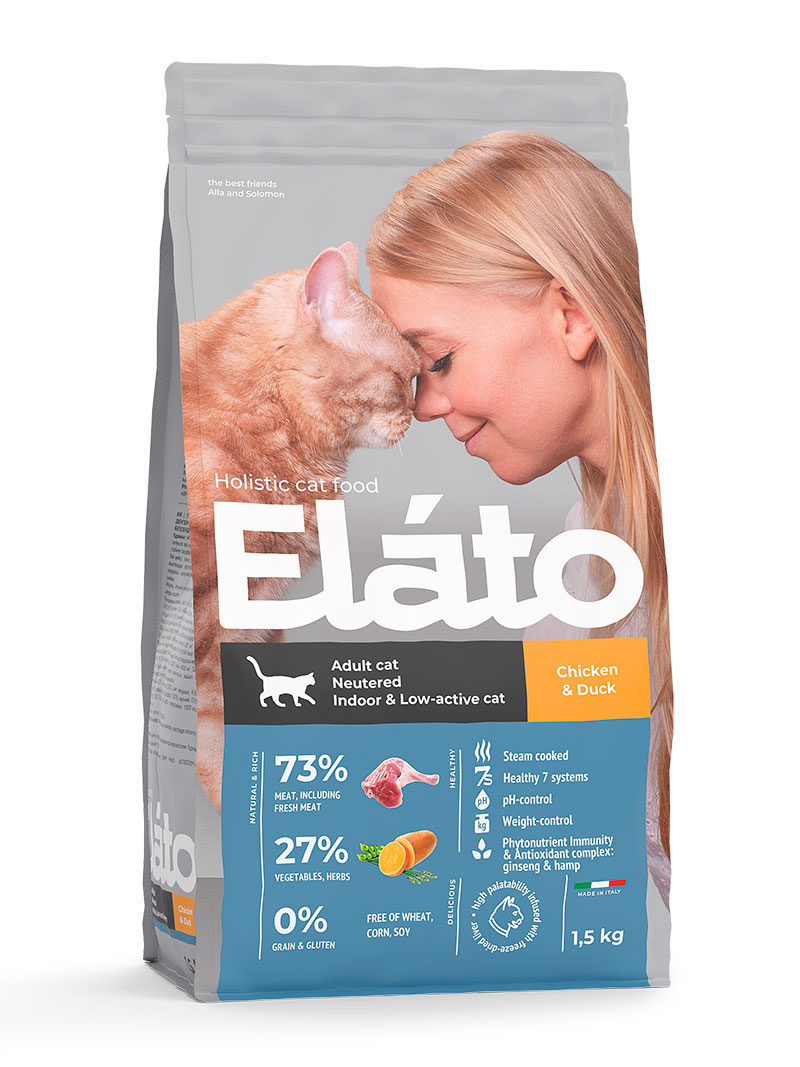 Сухой корм Elato Holistic для кастрированных котов, стерилизованных и малоактивных кошек, 1,5 кг