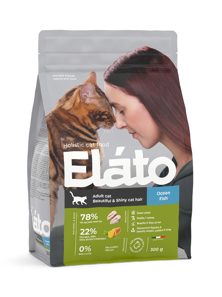 Сухой корм для взрослых кошек Elato Holistic с рыбой для красивой и блестящей шерсти, 300 г