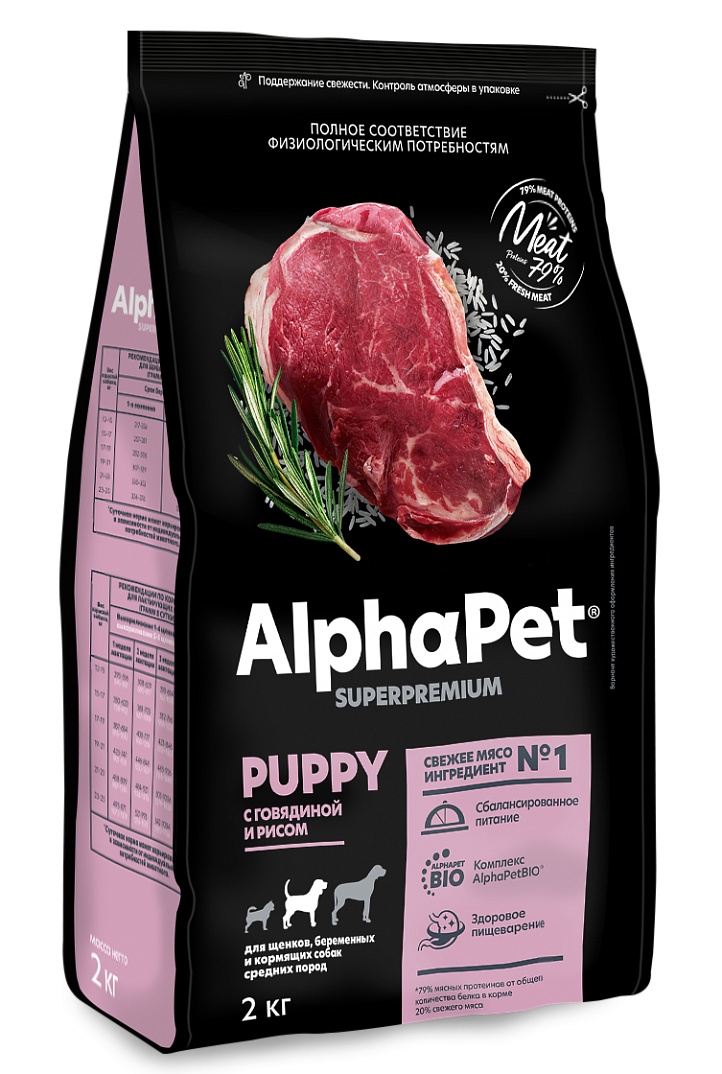 Сухой корм AlphaPet Superpremium с Говядиной и рисом для щенков, беременных и кормящих собак средних пород 900 г